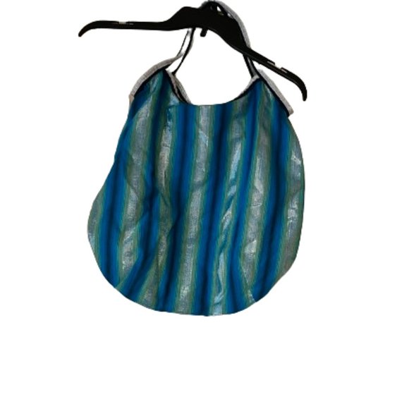 Blue Striped Shoulder Bag w/Pom Pom Closure - Picture 3 of 5